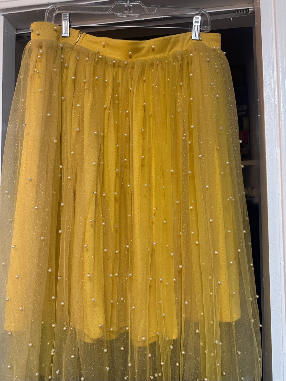 Vintage Yellow Pearl-Embellished Tulle Glitter Skirt - Picture 2 of 7